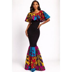 Shenbolen African Ankara Print‎ Mermaid Flare Dress Sz S Black Dashiki Ruffle